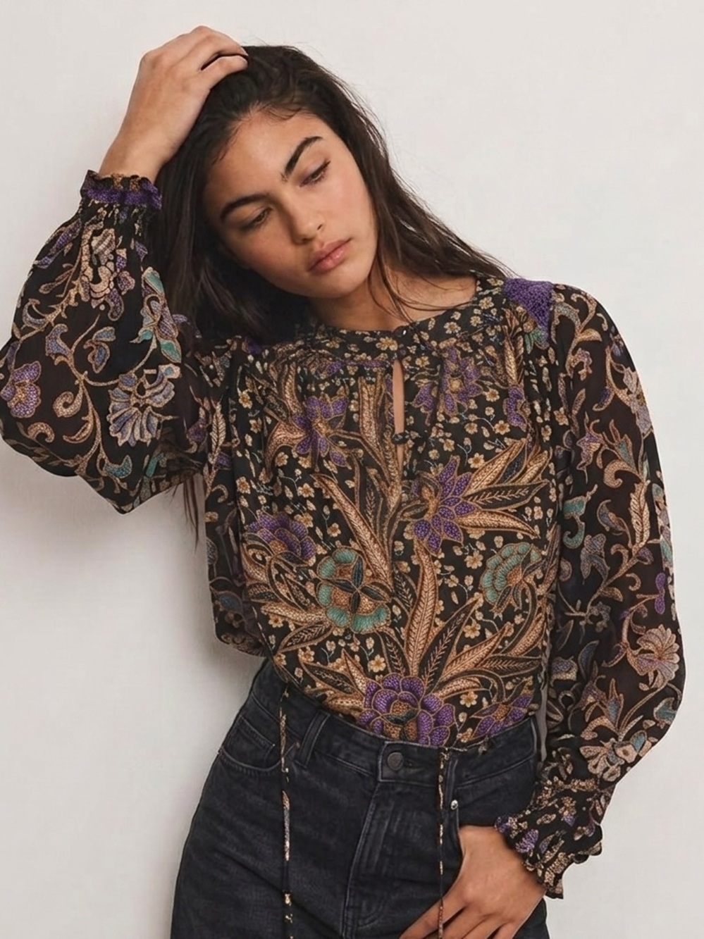 WARM Blouse $395 • 20” PTP • Boho Cottagecore Silk Velvet Peasant Top Floral